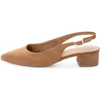 Brown leather Tamaris women's heels with slingback strap and block heel.