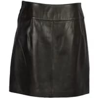 Black leather skirt by Oakwood, knee-length with a smooth finish and subtle stitching details.