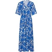 Blue and white floral women's long dress by b.young, featuring short sleeves and a tie waist.