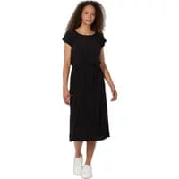 Black Ragwear Galit women's long dress, short sleeves, round neckline, cinched waist, knee-length, worn by a model.