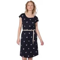 Black Ragwear Lilithe dress with short sleeves, floral print, and beige waist belt.