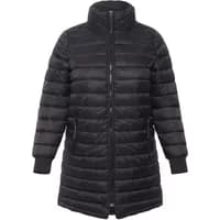 Black quilted long jacket with high collar, front zipper, and ribbed cuffs by KAFFE Curve.
