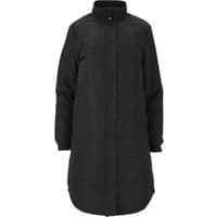 Black women's long jacket with high collar, button closure, and quilted design by Weather Report Cassidy Light.