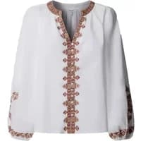 White long sleeve blouse with intricate red embroidery on neckline and sleeves by Pepe Jeans.