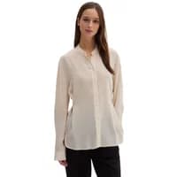 Cream Stefanel Crêpe Chine blouse, long sleeves, button-down front, and mandarin collar.