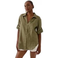 Olive green women's long sleeve shirt by Artlove, button-up with a collar, rolled sleeves, and a relaxed fit.