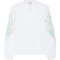 White women's long sleeve shirt with floral patterns on sleeves and a button-up front.
