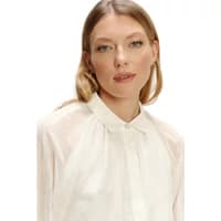 White Greenpoint women's long sleeve shirt with a high collar and subtle pleats.