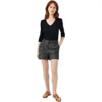 Women's black long sleeve V-neck T-shirt by Artlove Soline, paired with gray shorts.