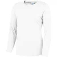 White women's long sleeve T-shirt by Just Cool, featuring a crew neck and fitted silhouette.