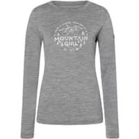 Gray women's long sleeve T-shirt with "Mountain Girl" graphic and mountain design by Super.Natural.