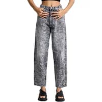 Women's mid-rise relaxed fit cotton jeans, gray acid wash, elastic waistband, wide leg, by It's Basic.