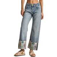 Women's mid-rise relaxed jeans with wide cuffs, light blue wash, and floral embroidery by It's Basic.