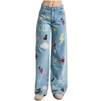 Women's mid-rise straight jeans with colorful patches, including lightning bolt, cherries, and stars on light blue denim.