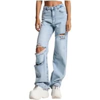 Women's light blue mid-rise straight jeans with ripped knees and distressed details.