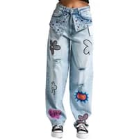 Light blue women's mid-rise straight jeans with skater and rhinestone details, featuring colorful graphic patches.