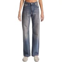 Women's mid-rise straight-leg jeans, faded blue denim with subtle whiskering and classic five-pocket design.