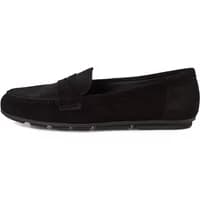 Black suede women's moccasins by Tamaris with a flat sole and classic loafer design.
