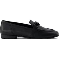 Black TOMS Lynett women's moccasins with a low heel and decorative bow detail.