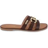Brown leather women's mules with gold buckle detail and flat sole by Les Tropeziennes par M.Belarbi.