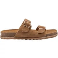 Brown suede women's mules Ryłko Grace with two adjustable buckle straps and a flat sole.
