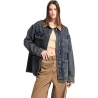 Women's oversized denim jacket by It's Basic, dark wash, button-up front, chest pockets, and tan collar.