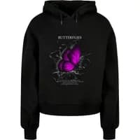 Black oversized hoodie with purple butterfly graphic and "Butterflies" text on the front.