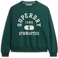 Green oversized sweatshirt with "Superdry Gymnastics 1984" print in white, crew neck, and ribbed cuffs.
