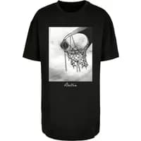 Black oversized women's T-shirt with basketball hoop graphic and "Ballin" text below, by Mister Tee.