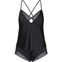 Black satin women's pajamas with lace trim, spaghetti straps, and crisscross back design.