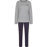 Gray long-sleeve top with chest pocket, paired with dark navy pants, women's pajamas by Triumph.