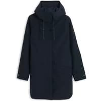 Navy blue women's parka by Aigle with hood, drawstrings, and front pockets.