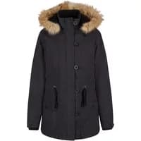 Women's black parka with faux fur hood trim, button closure, and front pockets by Brandit Nila.
