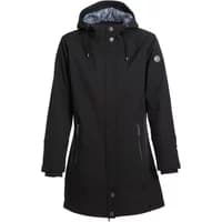 Black women's parka Dobsom Amalfi with hood, front zipper, button closure, and side pockets.