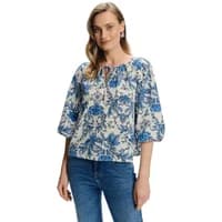 Women's patterned blouse by Greenpoint, white with blue floral design, three-quarter sleeves, round neckline.