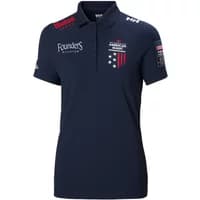 Navy Helly Hansen women's polo shirt with logos, short sleeves, buttoned collar, and American flag patch.