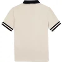 Beige women's polo shirt TBS Maggy with black collar and striped sleeves.