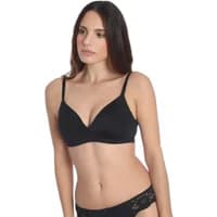 Black polyamide bra with thin straps, seamless cups, and a smooth finish, worn by a model.