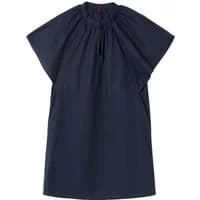 Navy blue women's poplin dress by Stefanel with short sleeves and gathered neckline.