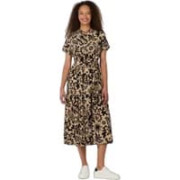 Women's printed long dress Ragwear Liora, floral pattern, short sleeves, knee-length, beige and black tones.