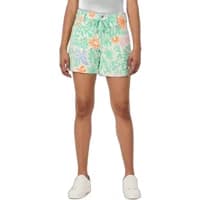 Women's Ragwear Fleuren shorts, green with orange and purple floral print, elastic waistband, drawstring, casual fit.