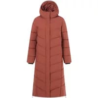 Rust-colored Regatta Eloria women's puffer jacket, long length with hood and chevron quilting.