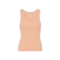 Women's ribbed tank top in organic honey beige, sleeveless with a scoop neckline.