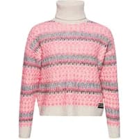 Pink and gray cable knit women's round neck sweater by Superdry, featuring a textured pattern and ribbed cuffs.
