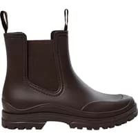 Dark brown women's rubber rain boots with elastic side panels and pull tabs, featuring a rugged sole.