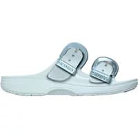 White Crocs SaturdayEnamel Classic women's sandals with two adjustable straps and silver buckles.