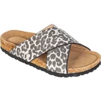 Leopard print women's sandals with crisscross straps, cork footbed, and black rubber sole.