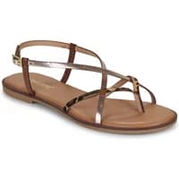 Brown leather women's sandals with metallic straps and flat sole by Les Tropeziennes par M.Belarbi Monagum.