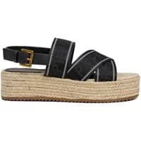 Black Pepe Jeans Lyla Dance women's sandals with crisscross straps, gold buckle, and woven jute platform sole.