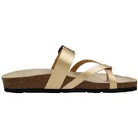 Gold women's sandals Pepe Jeans Oban Cool with crisscross straps, cork sole, and black rubber outsole.